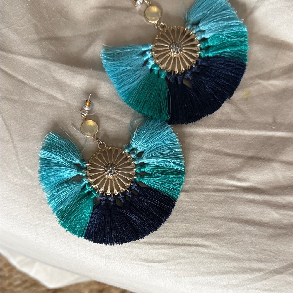 Express Blue and Teal Fan Statement Earrings